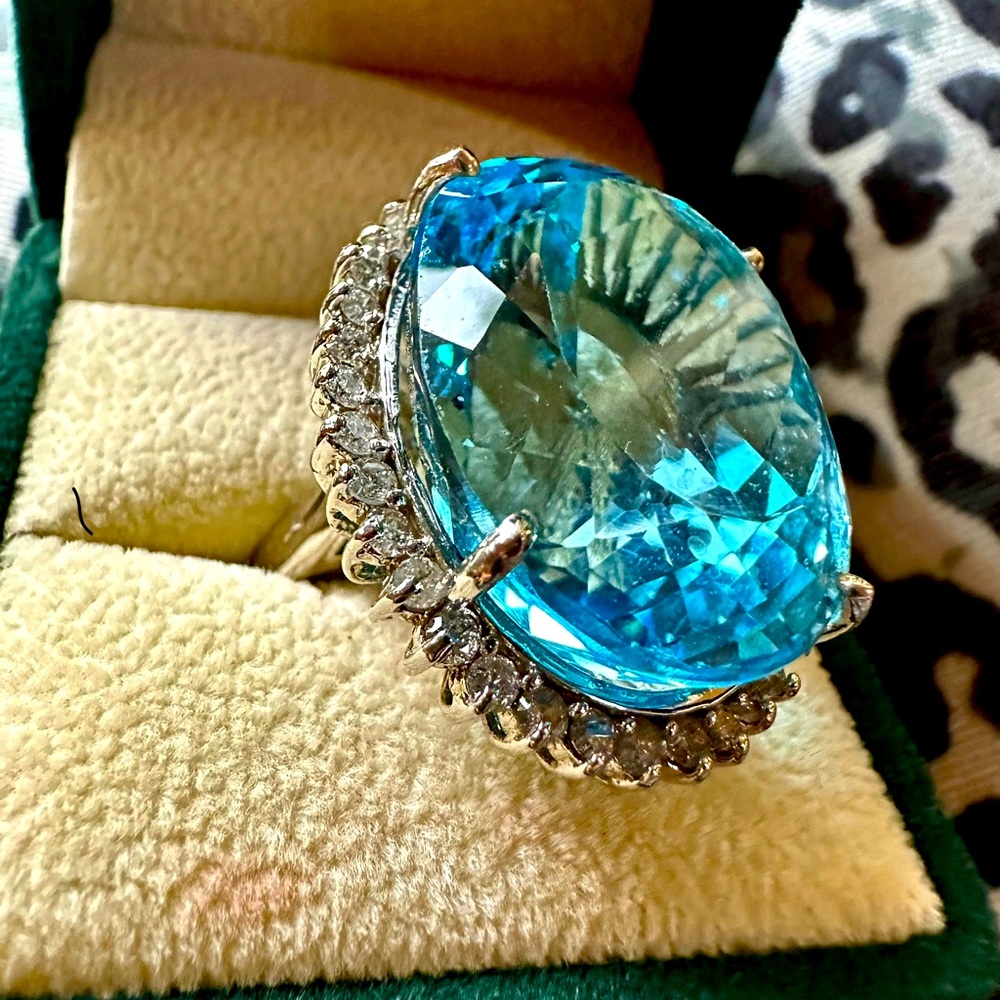 White Gold,  London Blue Topaz with Diamonds Cocktail Ring